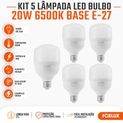 Lâmpada Led Alta Potência 20W Foxlux 6500K Branca Fria Kit com 5