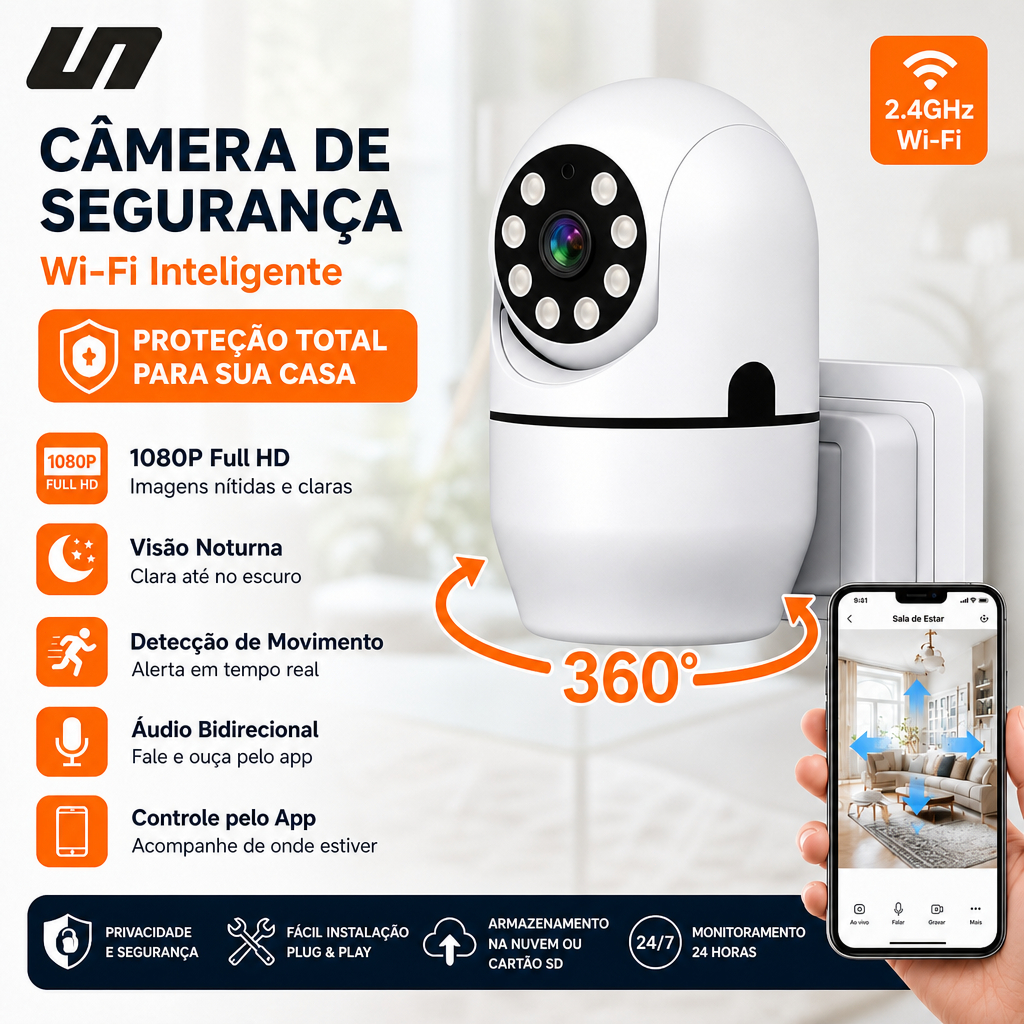 Câmera de Segurança HWN-AP03 Full HD Wifi Visão 360° e Noturna APP V360 Original Envio Imediato