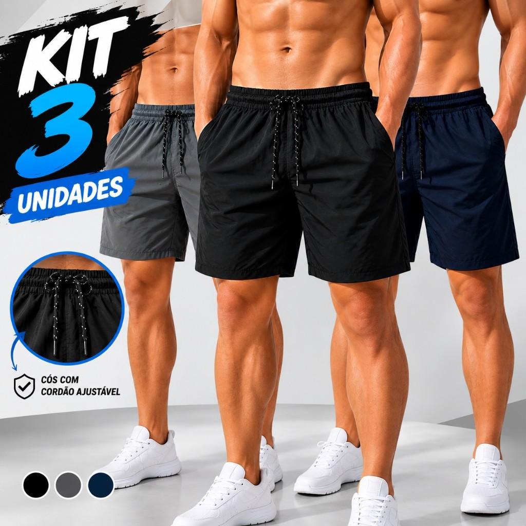 Kit 3 Short de Elastano Dry fit Bermuda de Praia Piscina e Academia