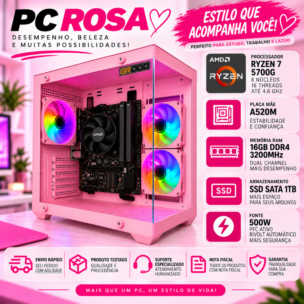 Pc Gamer Rosa Ryzen 7 5700g, Placa mãe A520M, Vega 7, Ssd 1tb, 16gb 3200mhz, Fonte 500w PFC Ativo