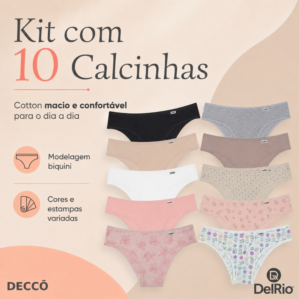 Kit 10 Calcinhas DelRio Biquíni Cotton Algodão Cintura Média Confortável Feminina