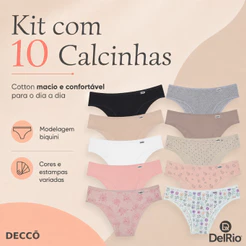 Kit 10 Calcinhas DelRio Biquíni Cotton Algodão Cintura Média Confortável Feminina