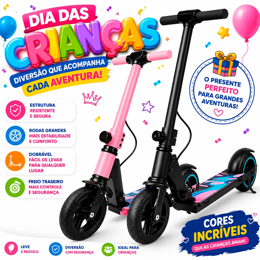 Patinete Elétrico Infantil 150W Dobrável Autonomia De 4-5 Horas Com Luzes LED Coloridas