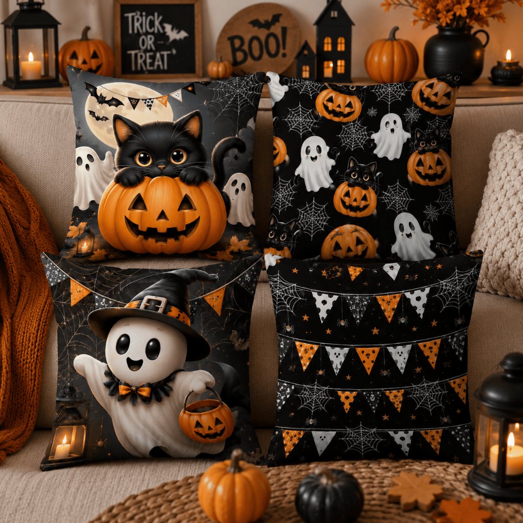 Kit 4 Capas de Almofada Halloween Gato Preto Fantasma Abóbora Decoração Dia das Bruxas Festa Terror