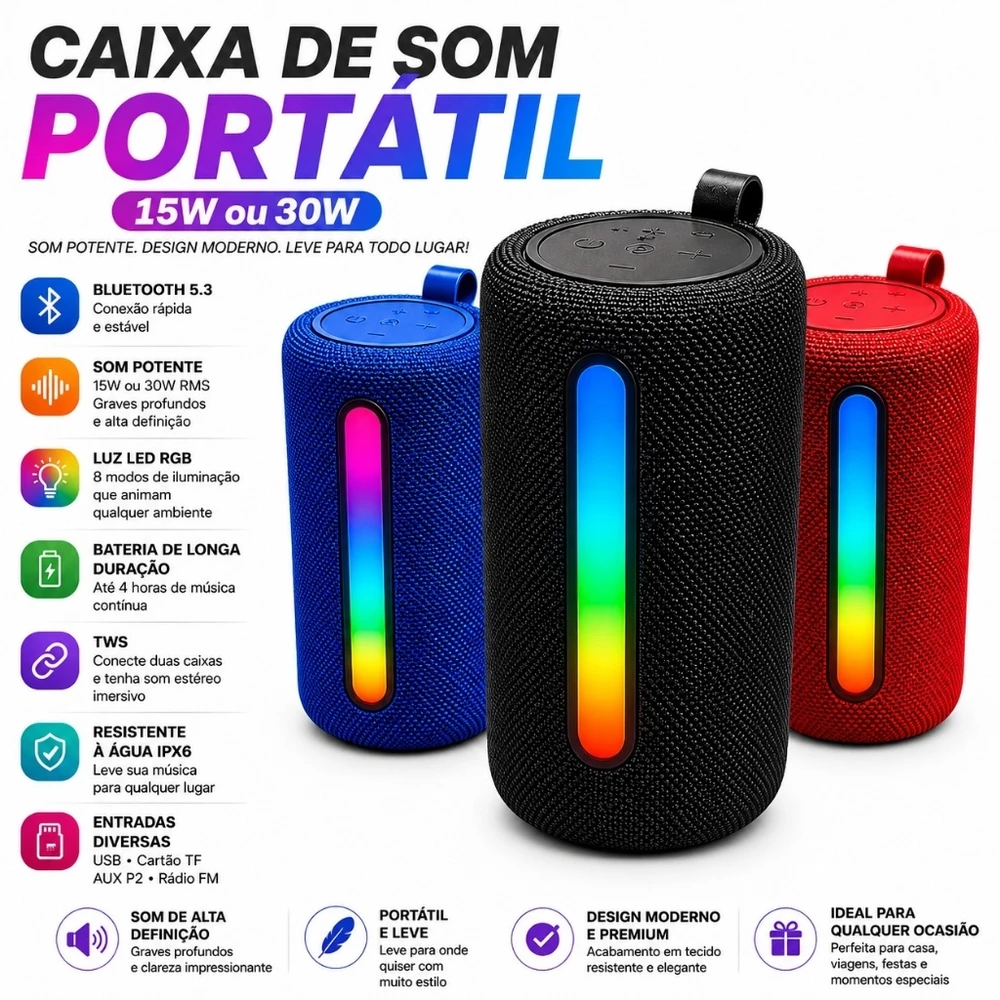 Caixa De Som Bluetooth Portátil Led Rgb 31BTL 33BTL Alto Falante Multimídia Fm P2 Usb 15w 30w