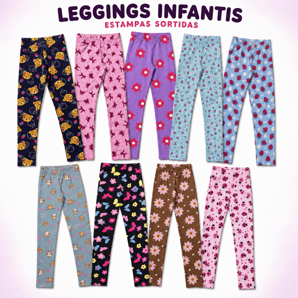 Kit 6 Legging estampada Infantil - Algodão - Tamanhos 1 ao 10