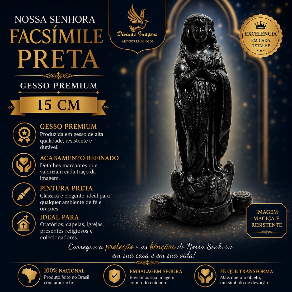 Imagem Nossa Senhora Aparecida Fac-Símile 15cm Preta Gesso Premium Pintado