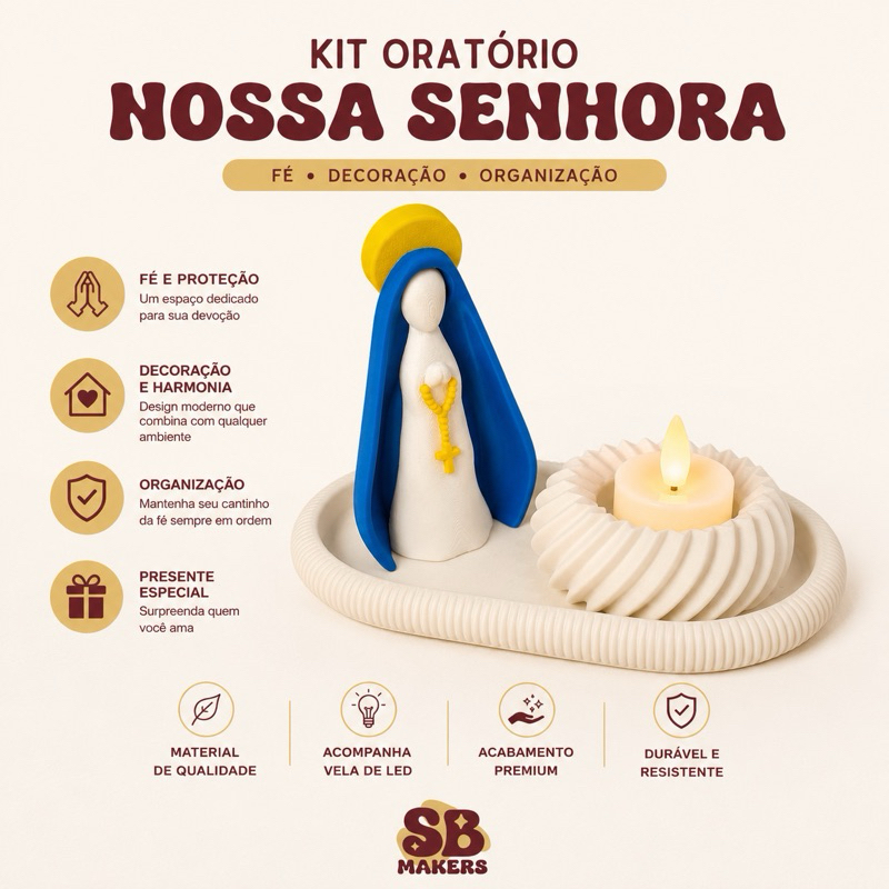 Kit Oratório Nossa Senhora com Vela LED | Imagem Religiosa Católica em Impressão 3D | Decoração e Presente