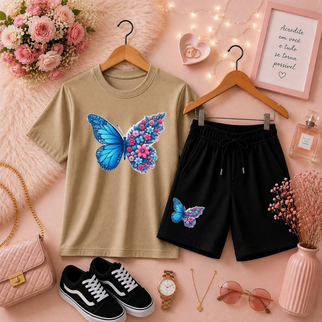Roupa Infantil Confortável Conjunto Feminino de Camiseta Básica e Short de Moletom para Meninas Estampa de Borboleta