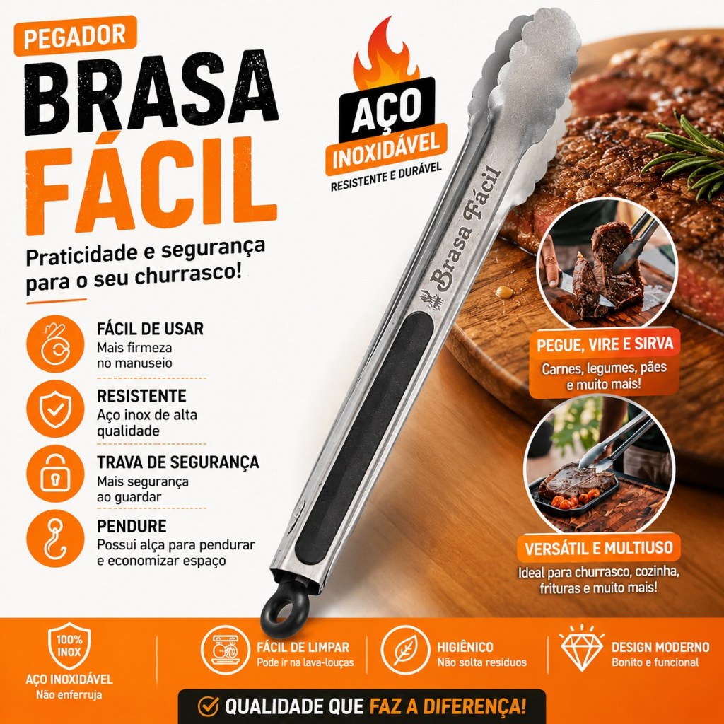 Pegador Inox Universal 40Cm ou Pinça para Alimentos Salada e Churrasco Profissional com Cabo Longo Brasa Fácil