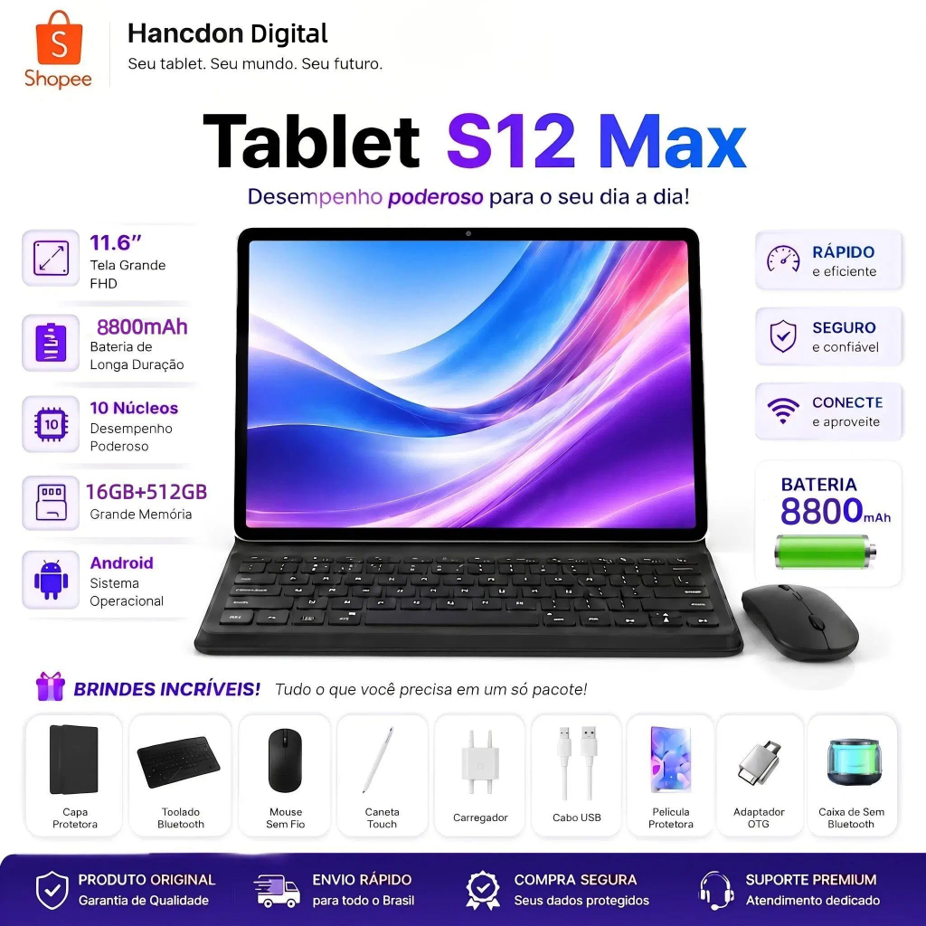 Galaxy Tab S12 Max+ WiFi, 512GB, 16GB, 11.6" 90Hz Tela,8800mAh Ideal for Studies and Games, Keyboard e Capa Inclusas