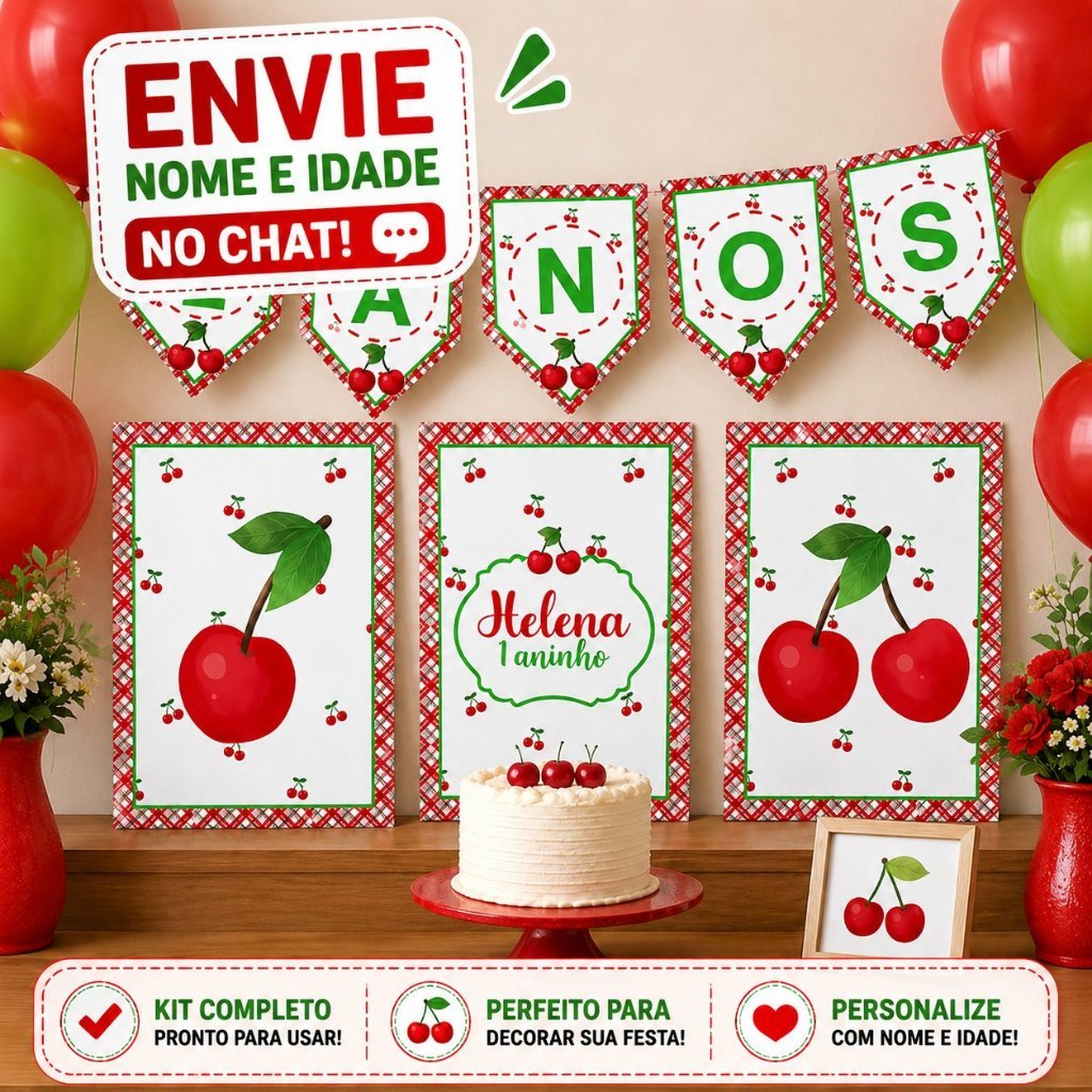 kit Painel e Bandeirola Festa Cerejinha – Personalizado com Nome e Idade