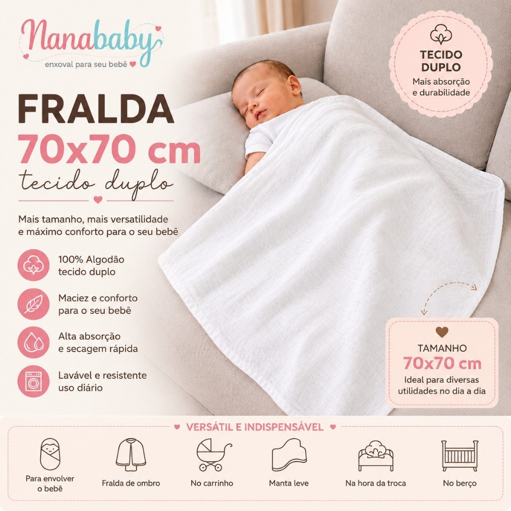 Kit 6 Fralda Branca com bainha tecido duplo e macio fralda luxo grande fralda de ombro 70cm x 70