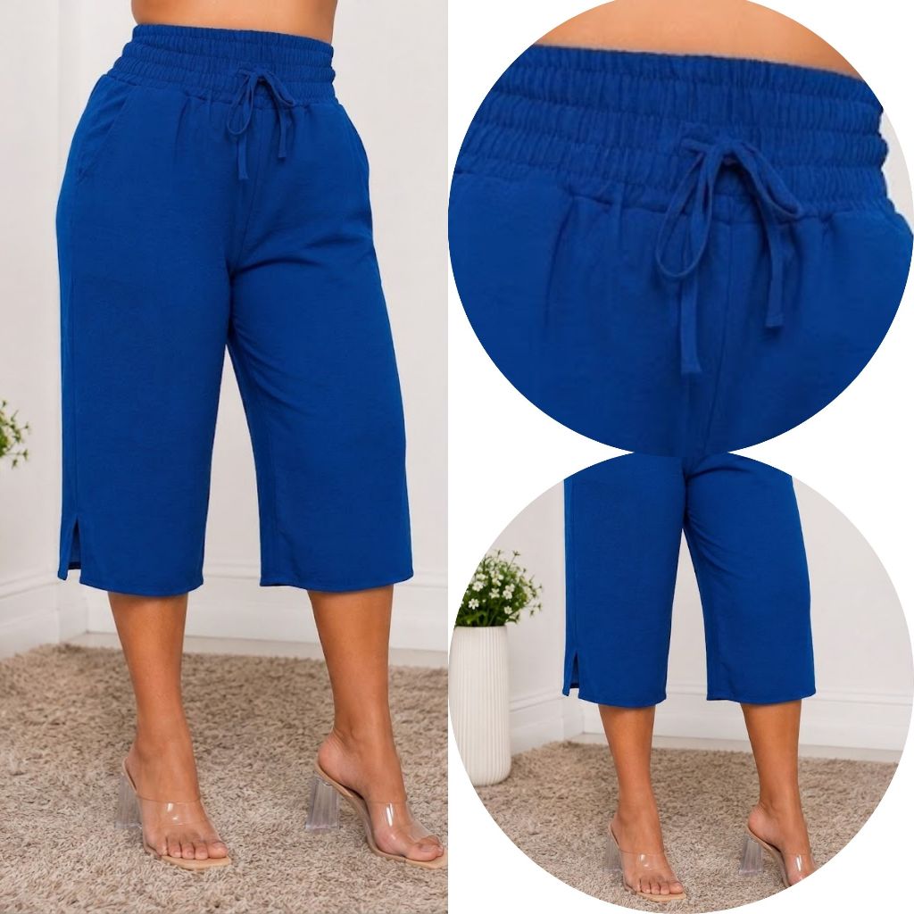 Calça Pantacour Feminina com forro duna fenda na lateral cós largo com bolsos cintura alta modeladora