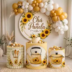 Kit Capa Painel Redondo 1,5m + Trio Cilindros Chá De Panela Casa Nova Decoração Festa Em Tecido Sublimado C/ Elástico