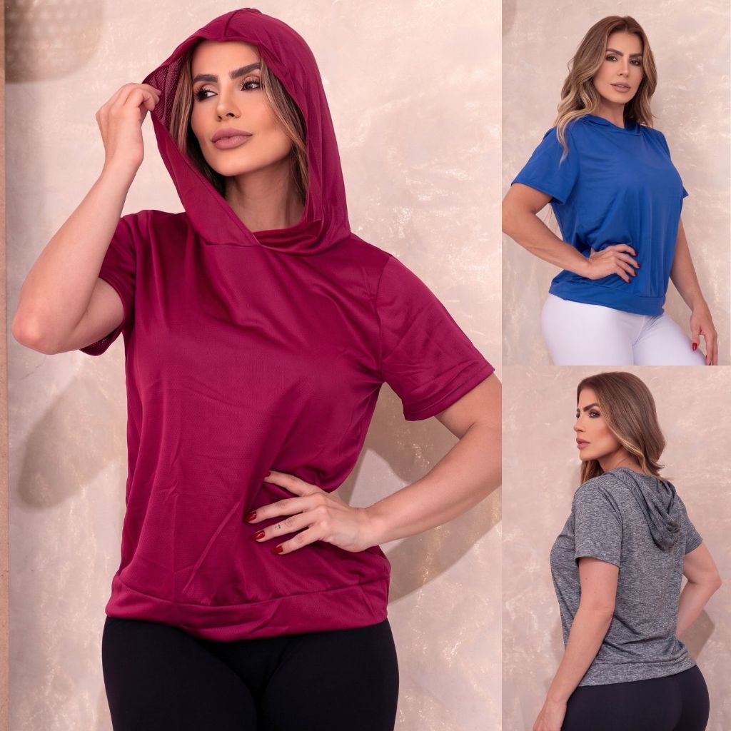 Blusa Feminina Fitness Dry Fit com Capuz Manga Curta Camiseta Academia Treino Tecido Furadinho Secagem Rápida