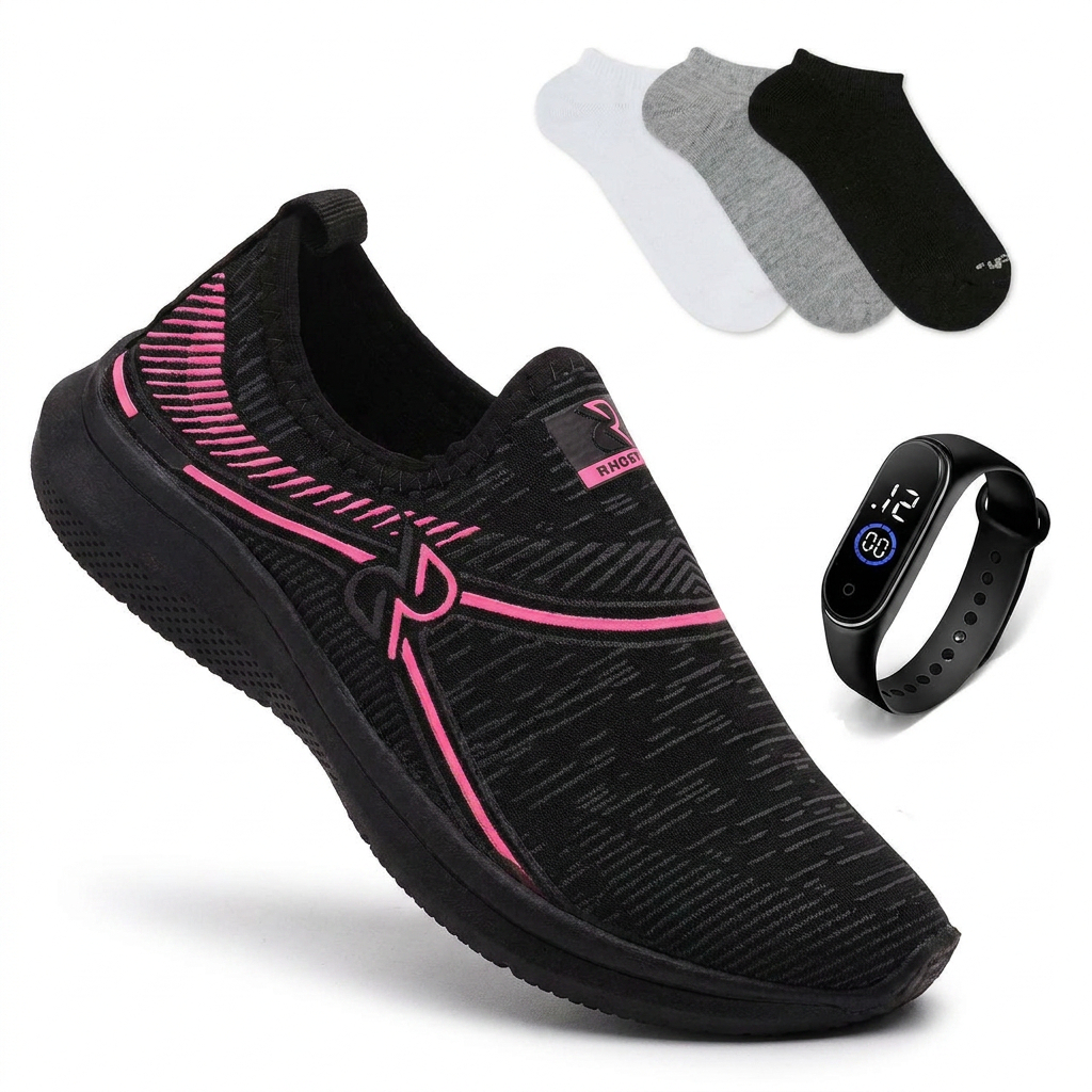 Tênis Calce Fácil Feminino Ortopédico + Relógio + Meia – Confortável para Caminhada, Corrida e Dia a Dia