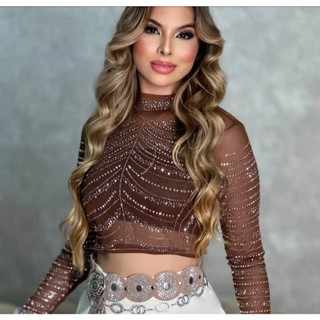 Blusa femenino cropped tuli transparente pedraria manga longa strass