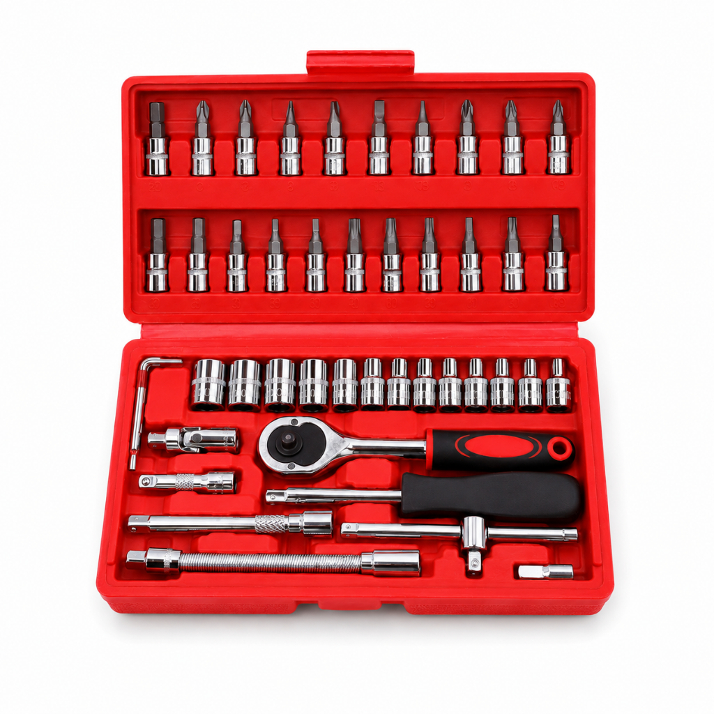 Kit Ferramentas 46 Peças com Maleta Aço CR-V Catraca Reversível Soquetes Chaves Bits Multiuso Automotiva Residencial