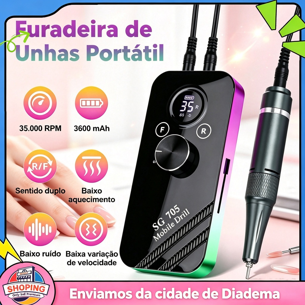 Lixadeira Elétrica para Unhas 35000 RPM Tela Digital Kit Completo de Brocas Manicure Pedicure Profissional Bivolt
