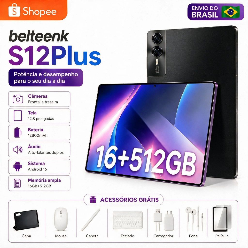 belteenk Free Keyboard & Mouse S12 Plus Tablet Android Tela Grande 12.8 FHD 16GB+512GB WiFi Uso Trabalho Estudo 12800mAh