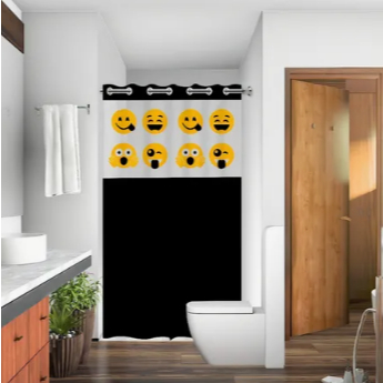 Cortina Box Banheiro Emoji Divertidos Modelos em PVC Grosso Antimofo Impermeável Preto Branco e Bege Ilhós 1,38x1,98
