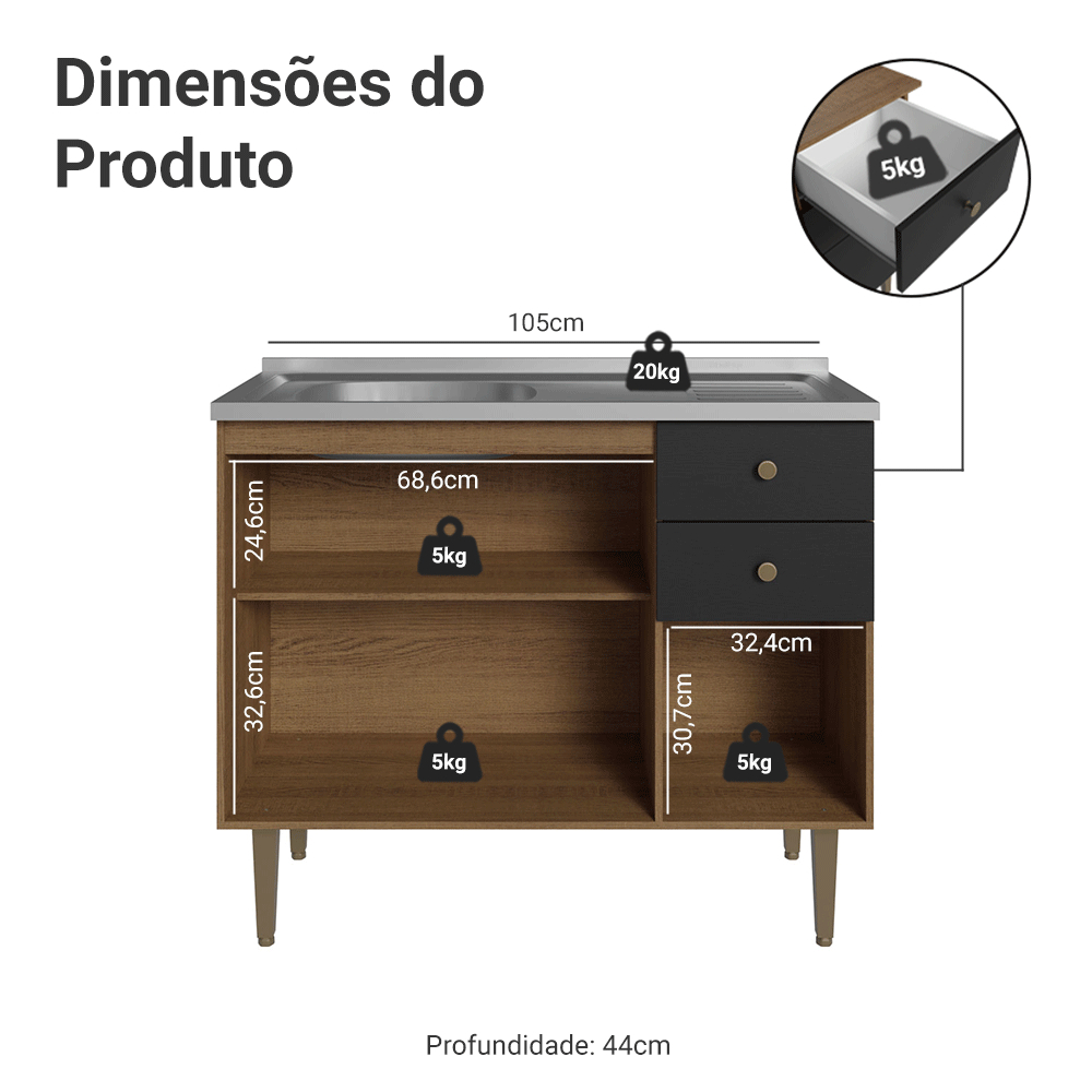Balcão Gabinete com Pia 3 Portas e 2 Gavetas 105cm Rustic/Preto Gourmet Madesa · foto 2