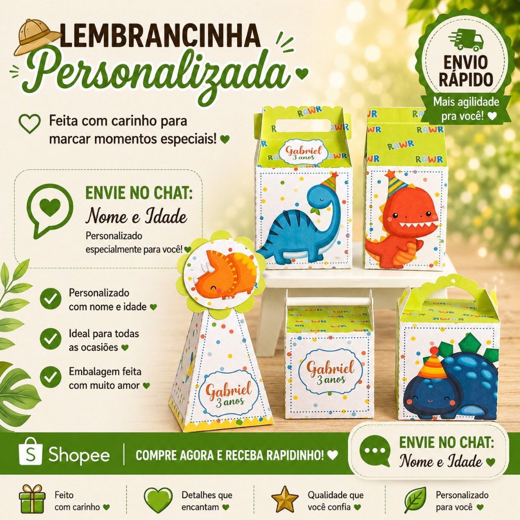 Kit Festa Dinossauro Baby Pegue e Monte | Caixinhas Personalizadas Envio rápido | Lembrancinhas Aniversário