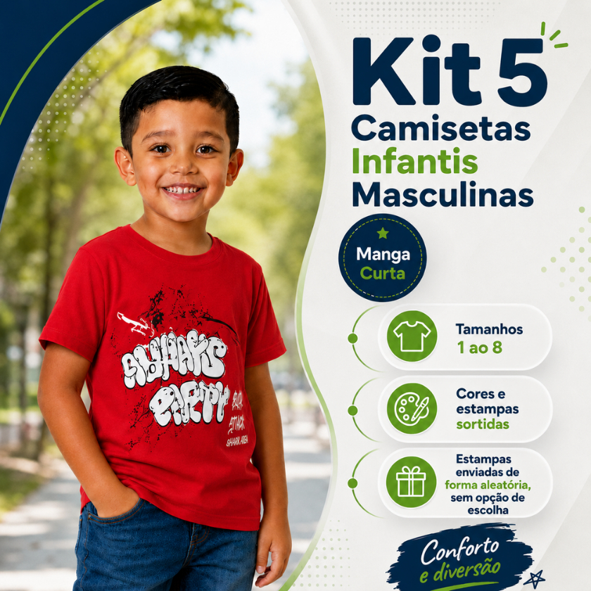 Kit 5 Camisetas Infantis Masculinas Estampas Sortidas Algodão