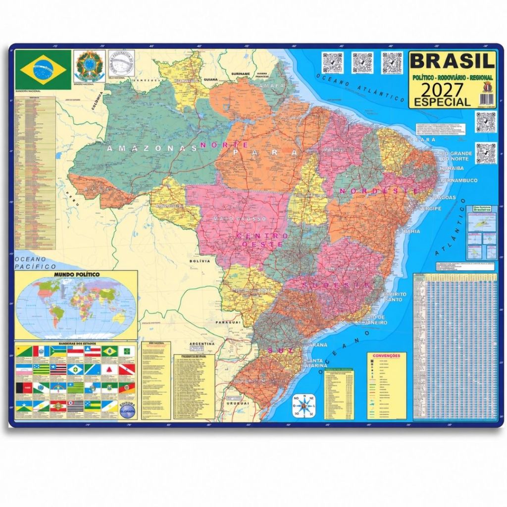 Mapa Brasil Politico Rodoviário Escolar Poster Geográfico Atual Dobrado