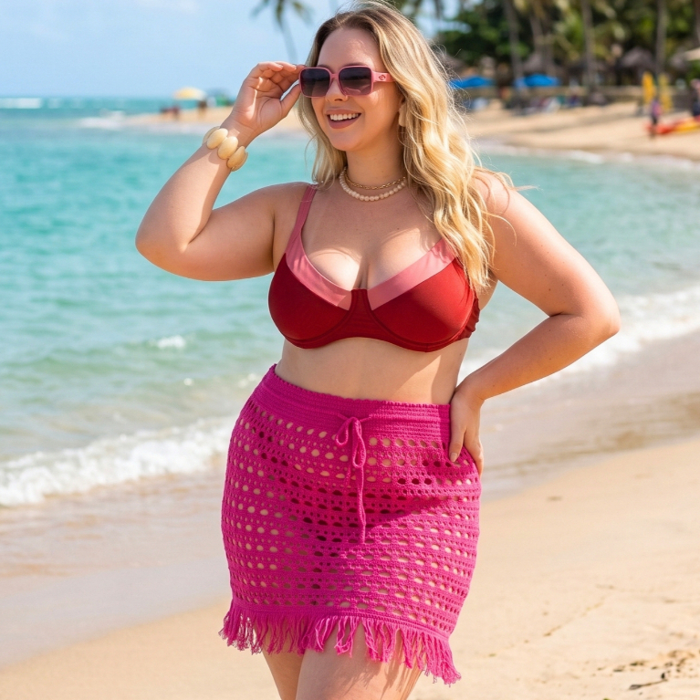 Saia de Praia Tricô Crochê Saída de Banho Plus Size Feminina Franjas Piscina Resort Verão