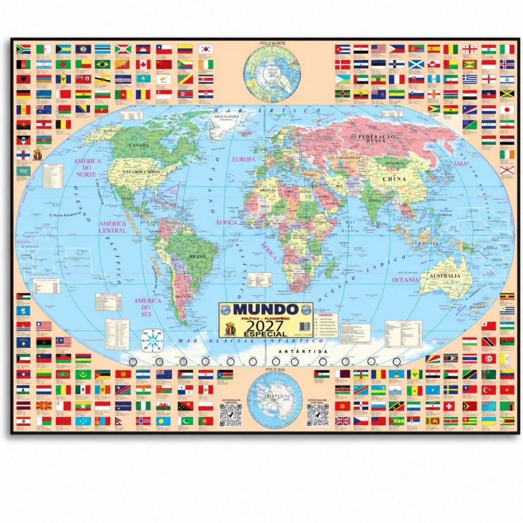 Mapa Mundi Politico Planisfério Escolar Poster Geográfico Papel Dobrado