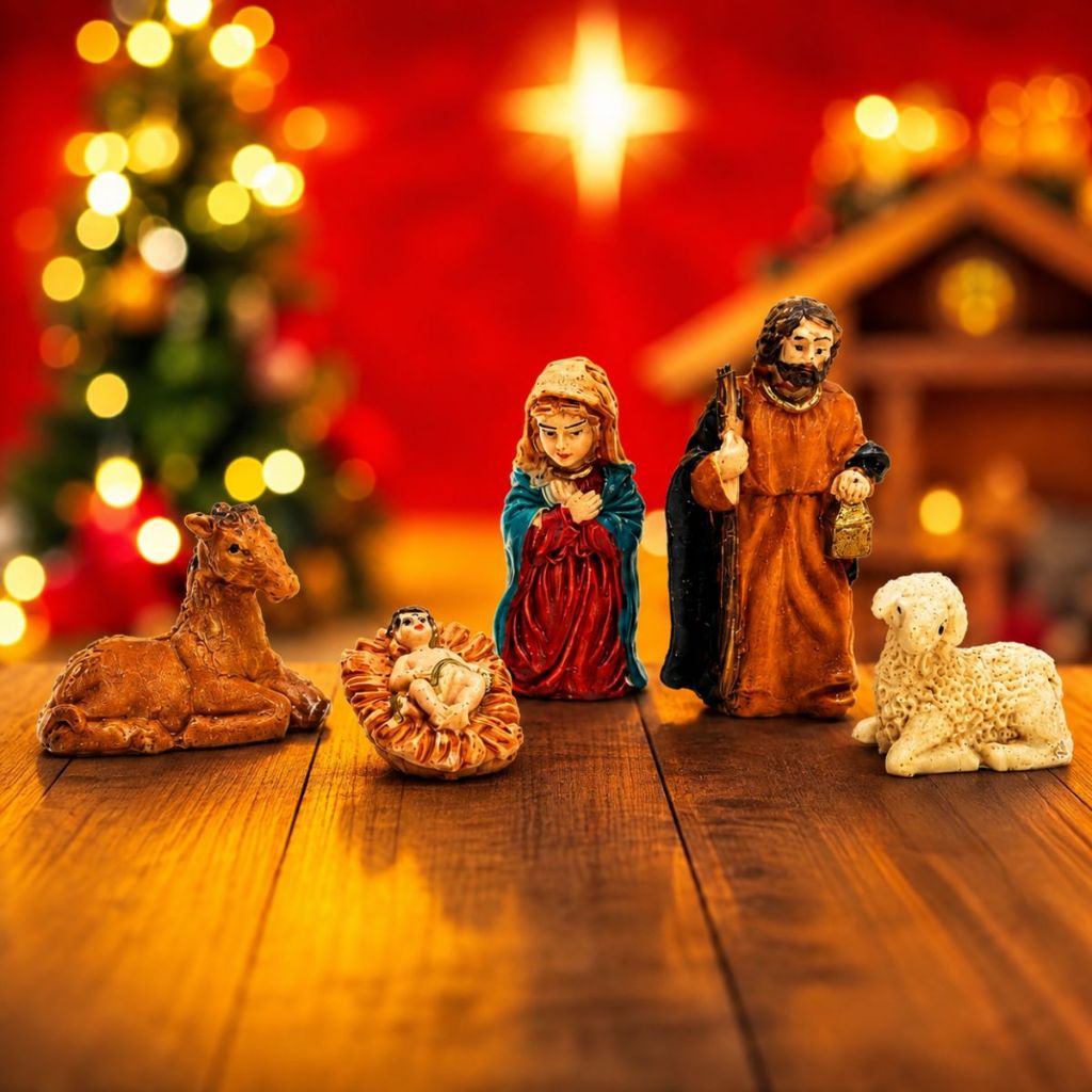 Presépio em Resina 5cm com 5 Peças Natal, Decoração Religiosa e Enfeite