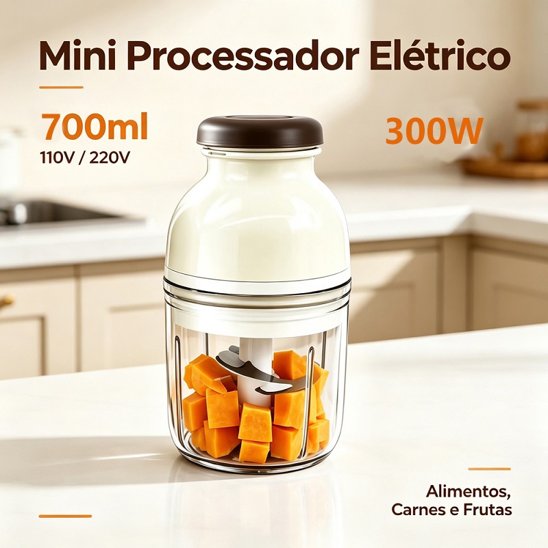 Mini Processador Elétrico 700ml 300W 4 Lâminas Inox - Tritura Carne, Legumes e Alimentos 110V/220V