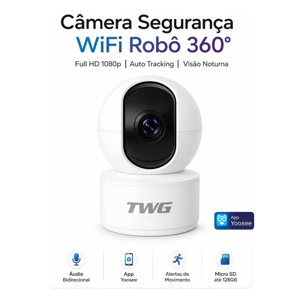 Câmera de Segurança Robô Inteligente Wi-Fi 2mp Full HD 1080p Visão Noturna 360° Áudio Bidirecional Monitoramento Interno