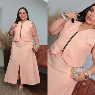Conjunto Colete E Saia Longa Plus Size Tendência Moda Evangélica Feminina