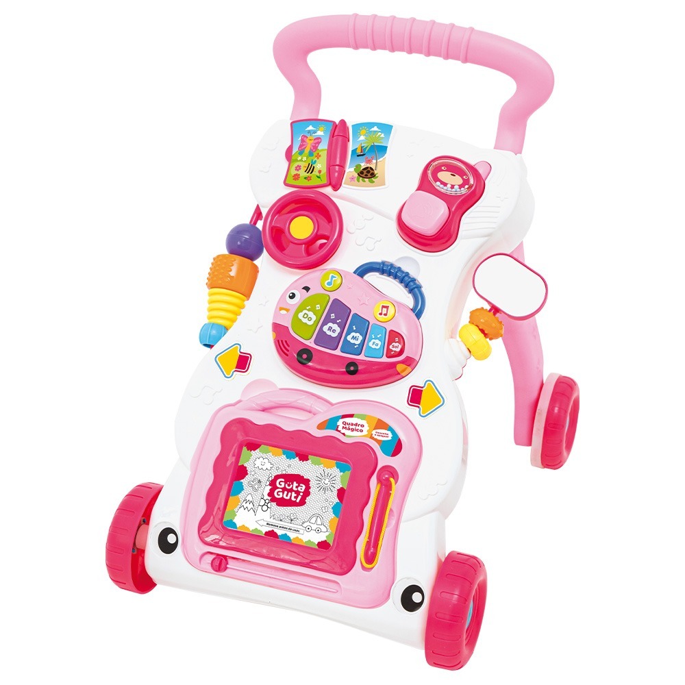 Andador Rosa Infantil Empurrador Educativo Teclado Musical Empurrador Quadro Magico Educativo Bebê C/Acessórios
