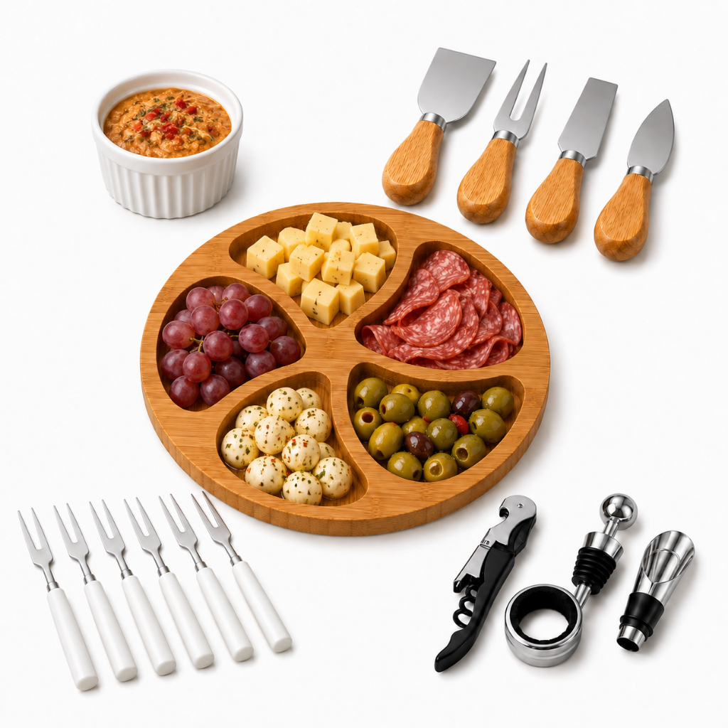 Kit Petisqueira Redonda 5 Divisórias com 4 Facas para Queijo, 4 Acessórios para Vinho, Ramekin Molheira e 6 Garfinhos