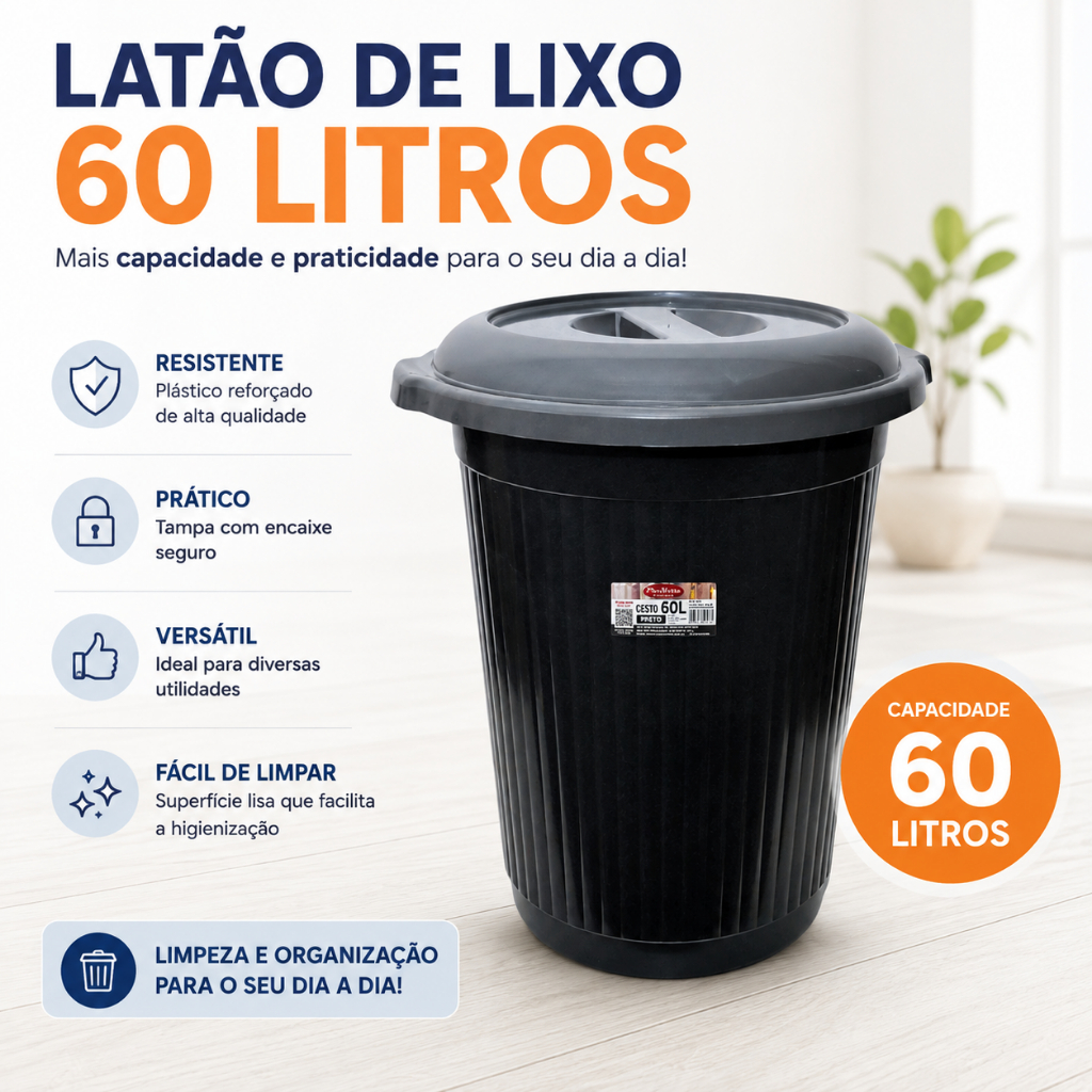 Lixeira 60 Litros Grande com Tampa Plástica Reforçada para Casa Comércio