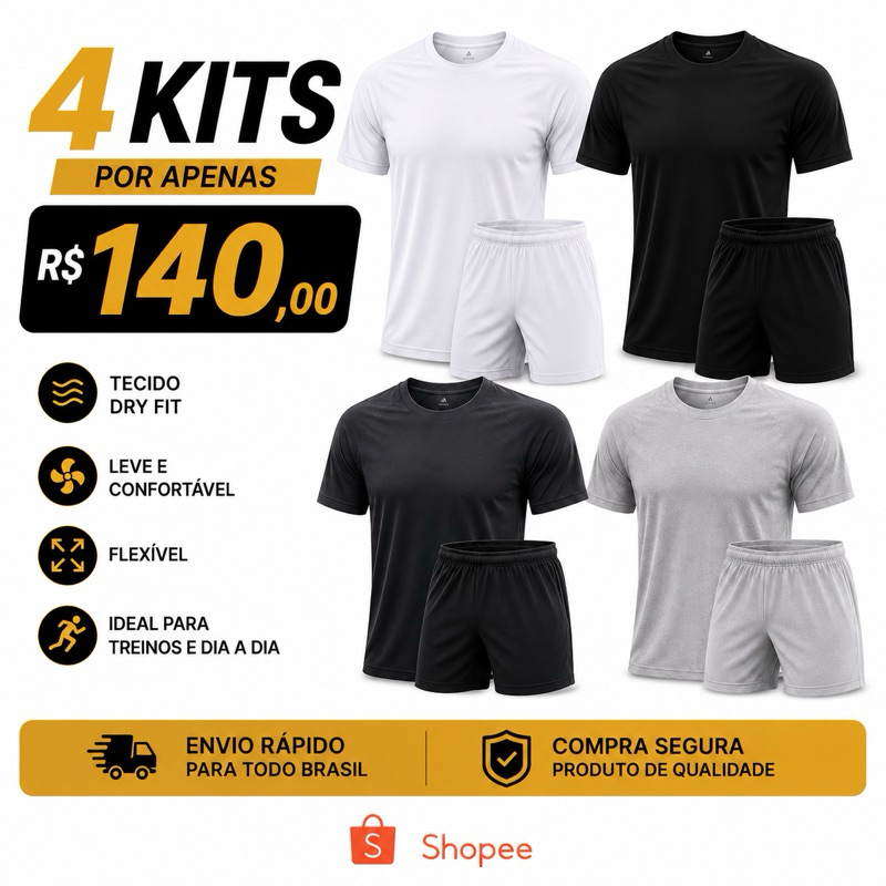 Kit 4 Conjunto Masculino Dry Fit Camiseta + Bermuda Esportivo Academia Treino
