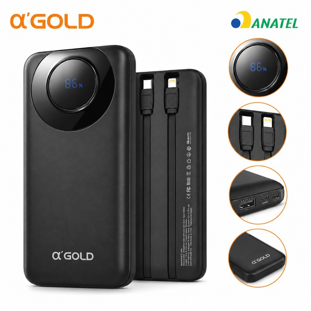 Carregador Portátil Power Bank 10000mAh Rápido USB-C Lightning Cabos Integrados A'Gold