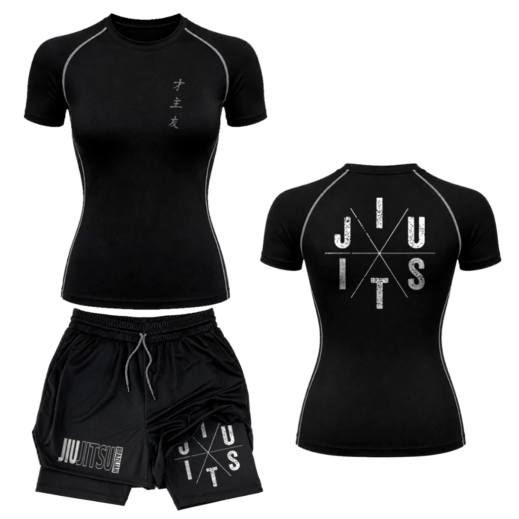 Kit Academia Feminino Camiseta Compressão Costura Inversa e Short 2 Em 1 Simbolo Minimalista Y2k Jiu Jitsu Luta Street