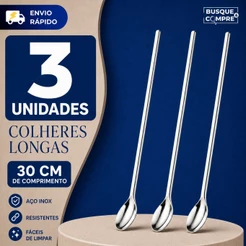 3 Colheres Grandes de 30cm Colher para Sucos Drinks Milkshakes Bebidas Aço Inox para Cozinha Suco
