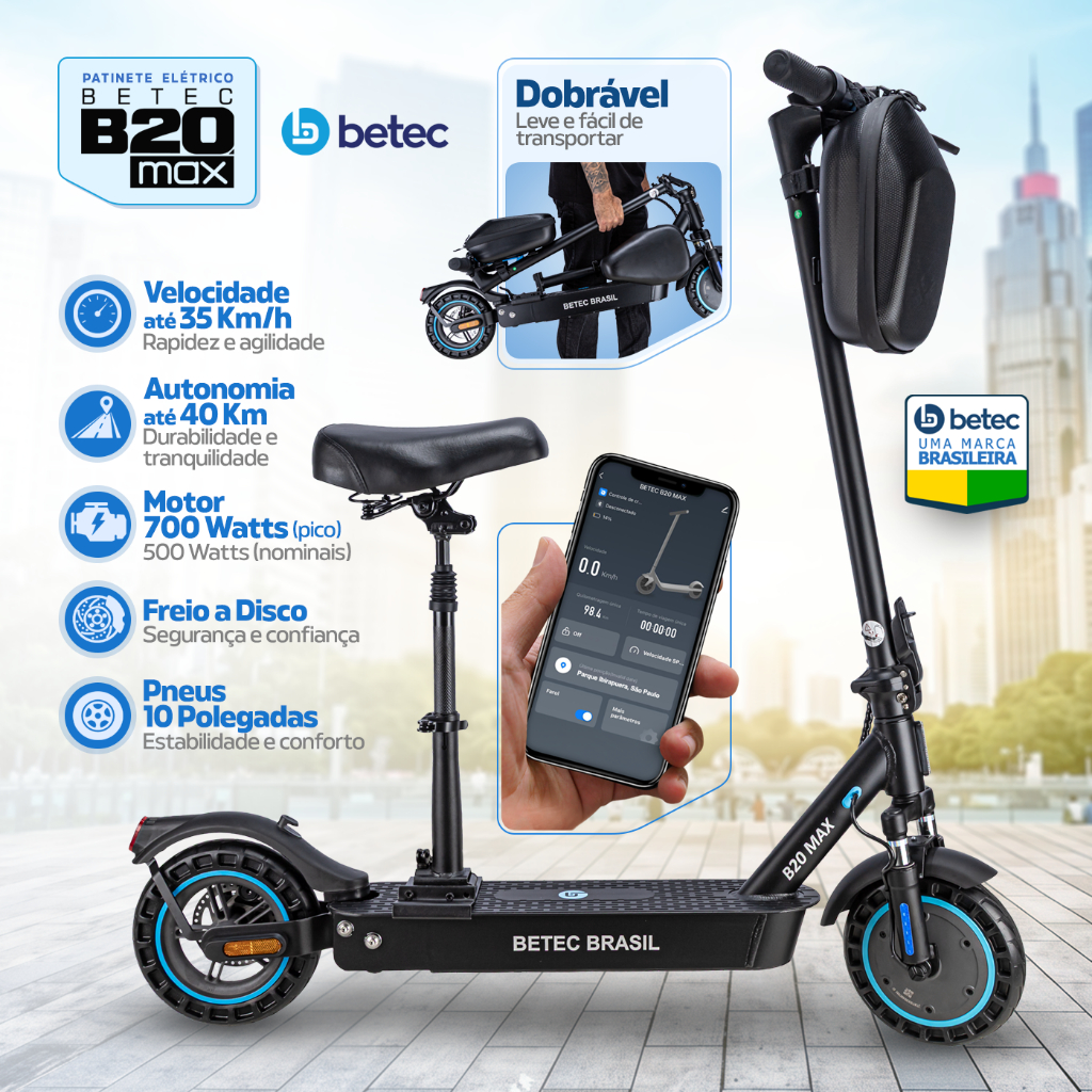 Patinete Elétrico Betec B20 MAX 35 Km/h 700W 40 Km 15Ah Suspensão Assento Bolsa App