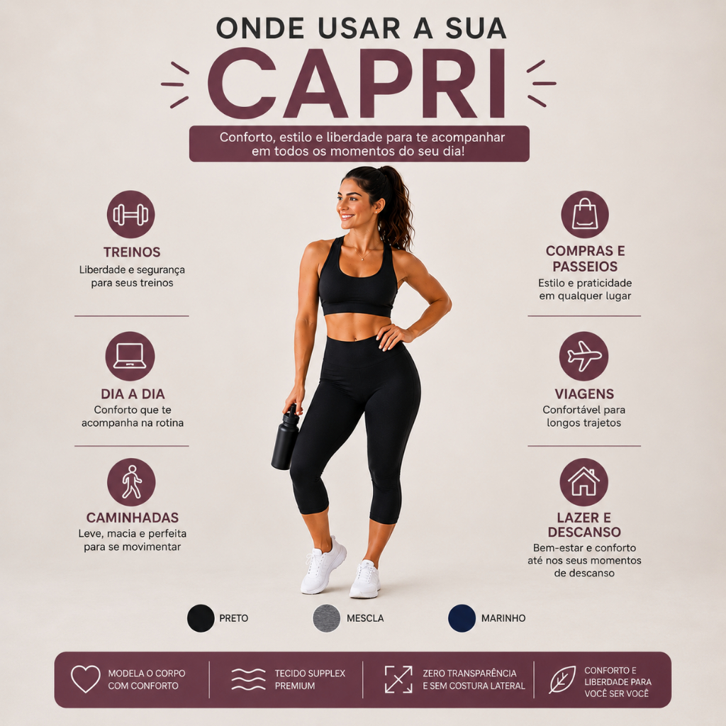 Calça Corsário Capri Feminina Fitness Suplex Premium Cintura Alta Zero Transparência Academia Legging Capri — imagem 2 de 2