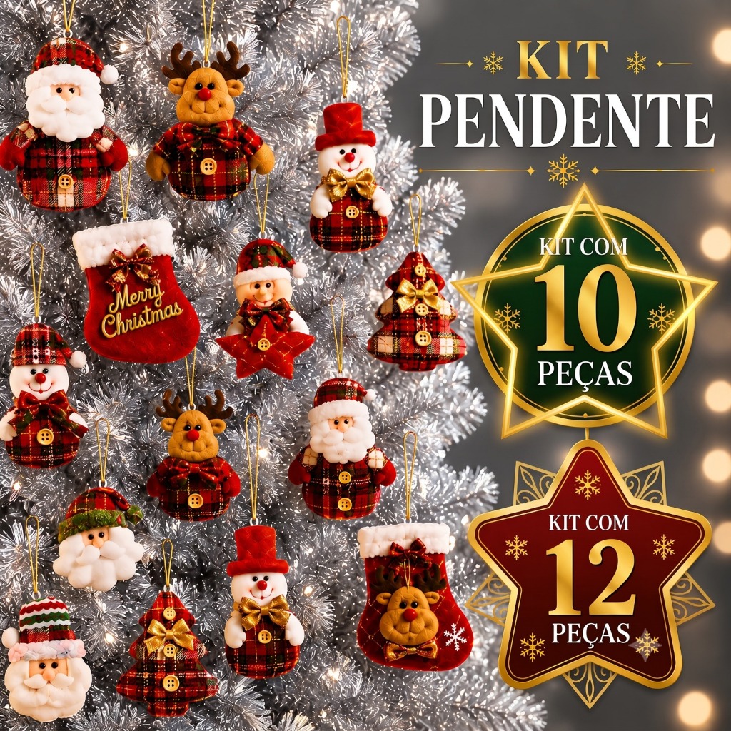 Kit de Pendentes Decorativos Enfeites para Árvore de Natal  com 10 ou 12 Peças