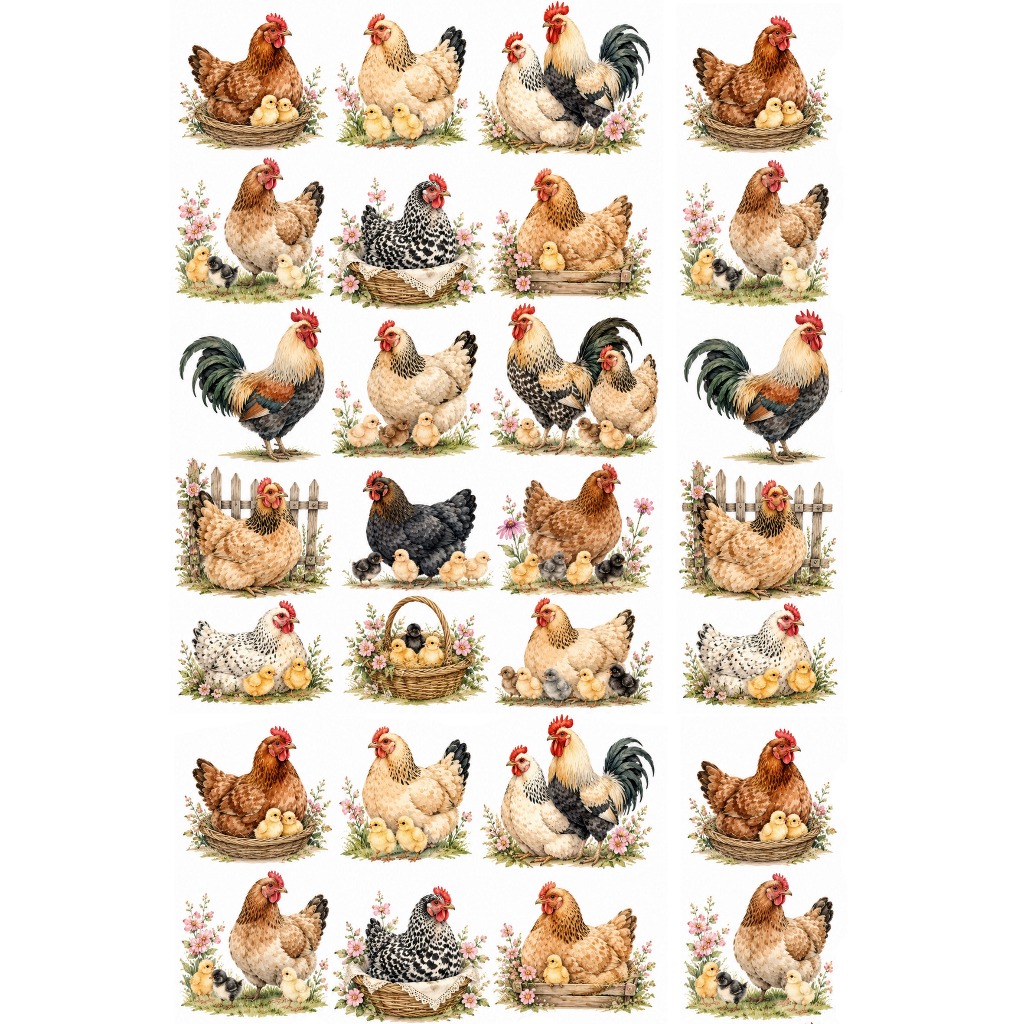Decalque Porcelana Forno Caseiro - Galinhas Familia - +-4cm