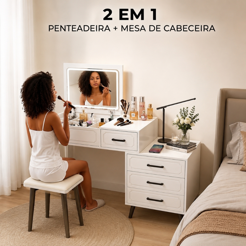 Penteadeira com Espelho LED 5 Gavetas com Banqueta Mesa de Maquiagem Branca Yesop