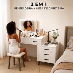Penteadeira com Espelho LED 5 Gavetas com Banqueta Mesa de Maquiagem Branca Yesop