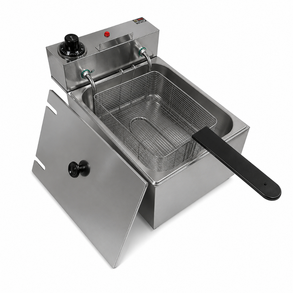 Fritadeira Elétrica Industrial 5 Litros 1 Cuba Profissional Com Tampa Cesto Cabo Reforçado em Inox A Óleo De Mesa Gomes